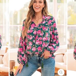 Green Floral Printed Collared Tie Neck Peasant Long Sleeve Floral Women's Top